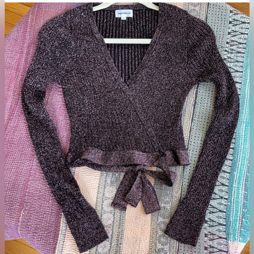 Superdown Sparkly Purple Long Sleeve Crop Ballet Wrap-Tie Top Size Small